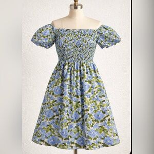 Pink Lily Blue Floral Smocked Off-Shoulder Kids Dress